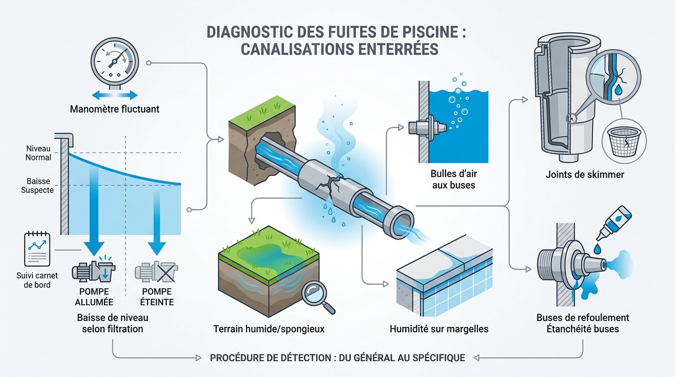 Technicien effectuant un diagnostic de fuite sur les canalisations enterrées d'une piscine