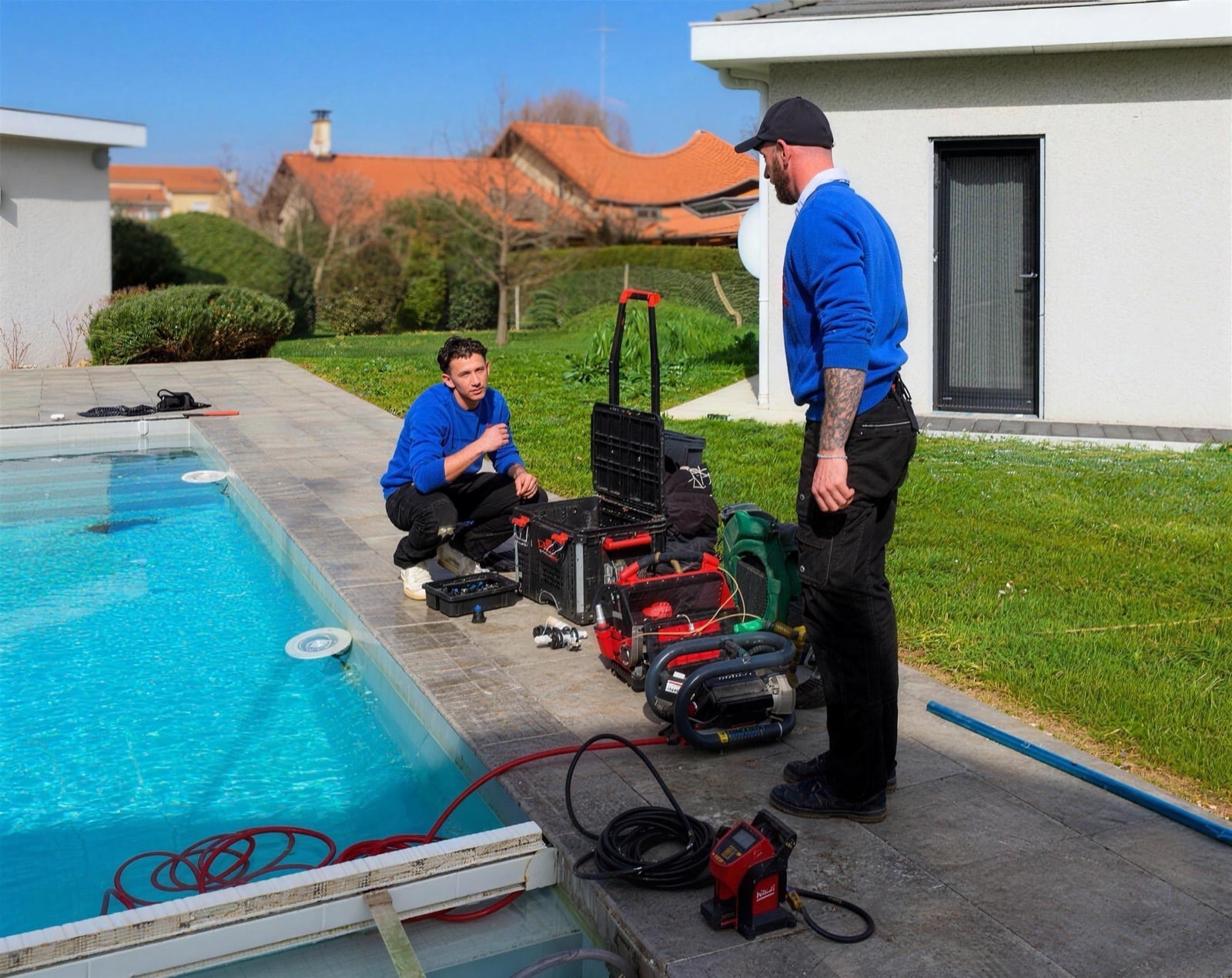 Techniciens Résoborvo et leur matériel de recherche de fuite au bord d'une piscine