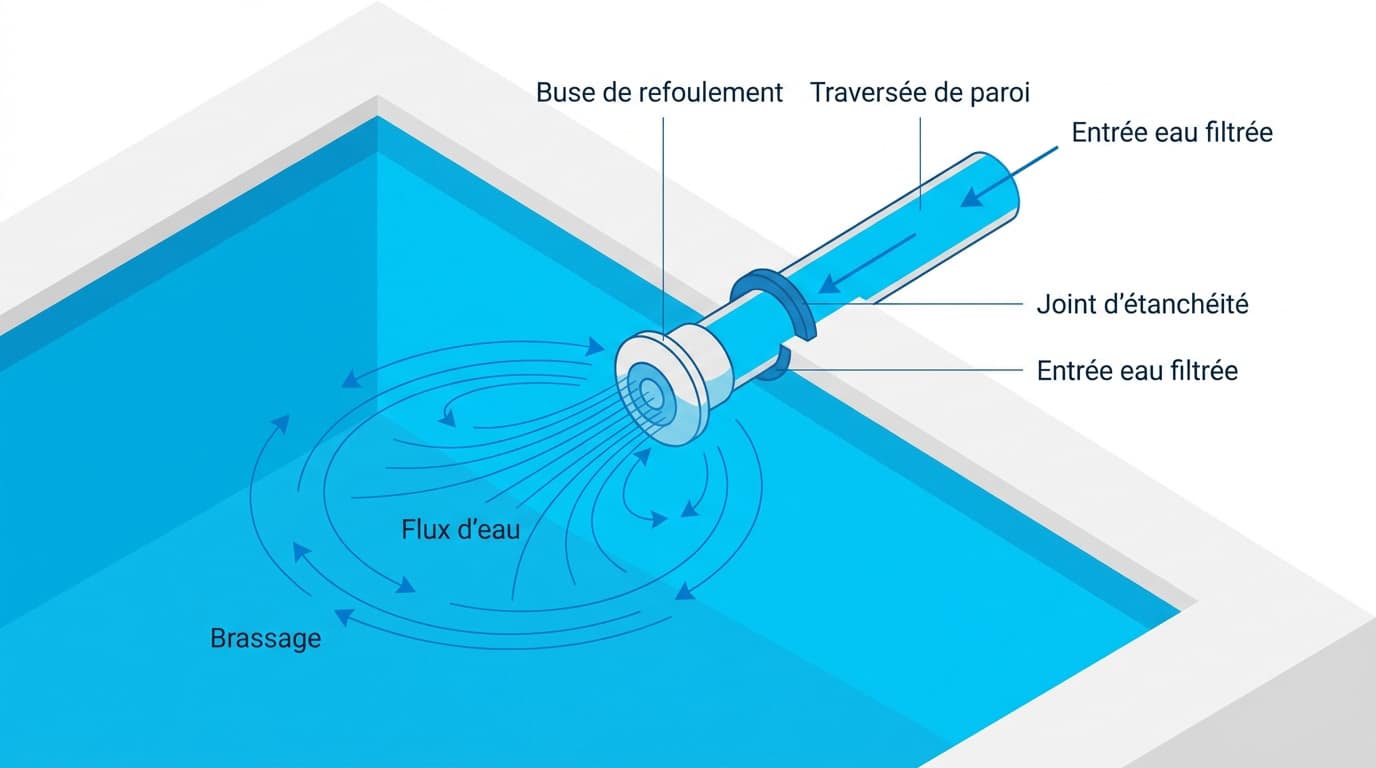 Schéma technique d'une buse de refoulement de piscine montrant la traversée de paroi et le flux d'eau