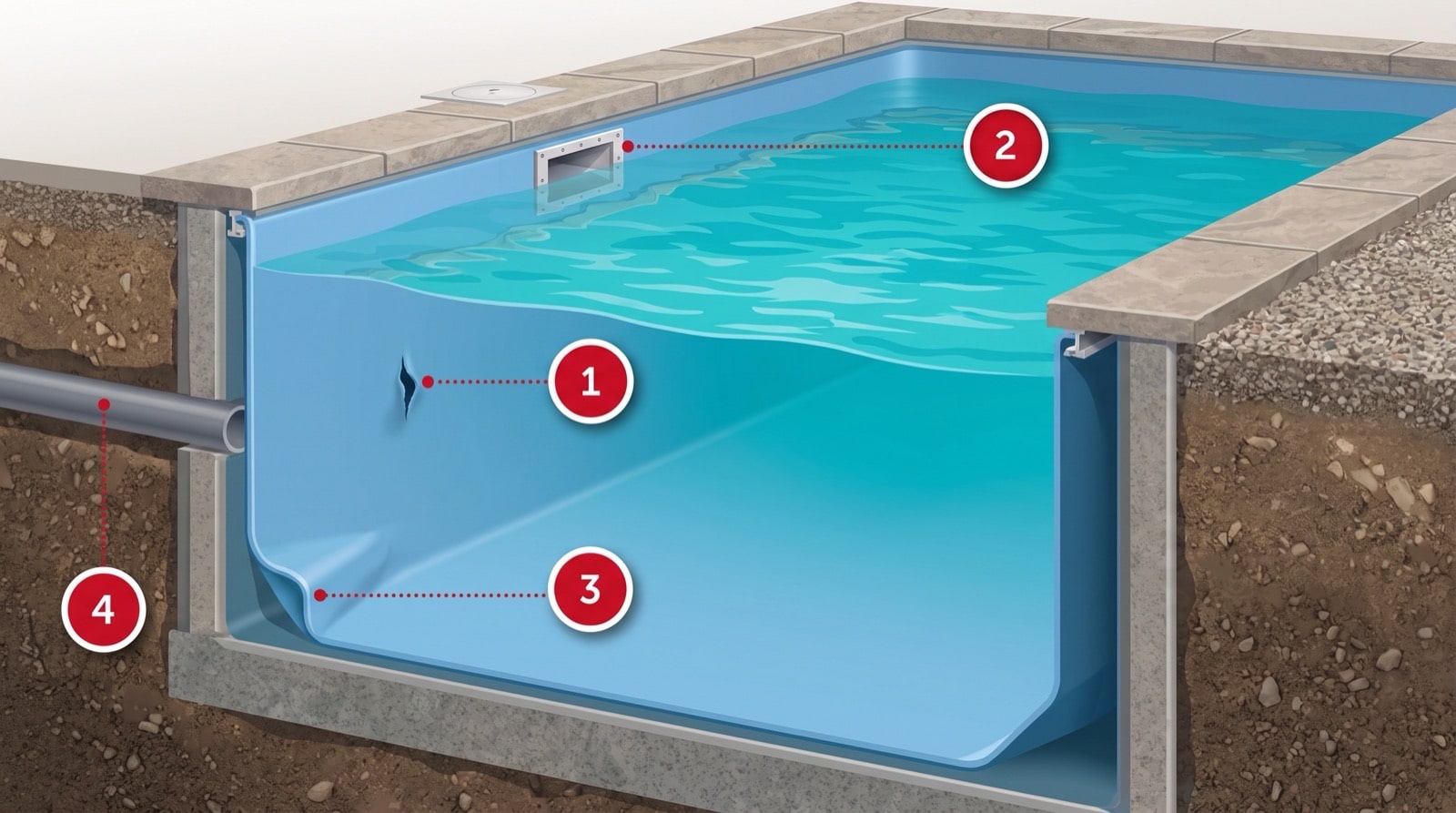 Schéma des zones de fuite d'un liner de piscine : déchirure, joint de skimmer, pli, canalisation enterrée