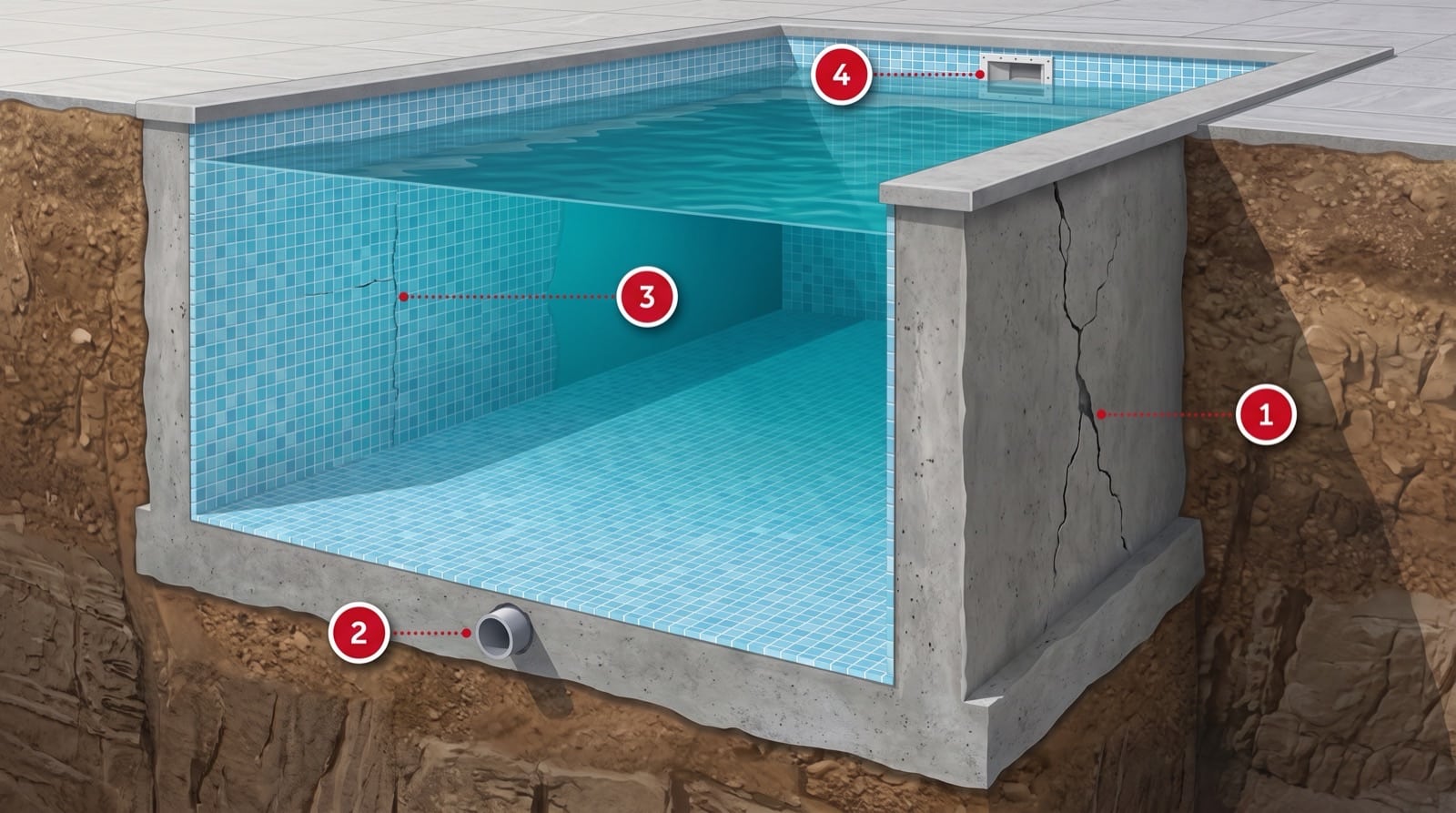 Schéma des 4 zones de fuite d'une piscine béton carrelée : fissure structurelle, canalisation sous le radier, joints du carrelage, skimmer