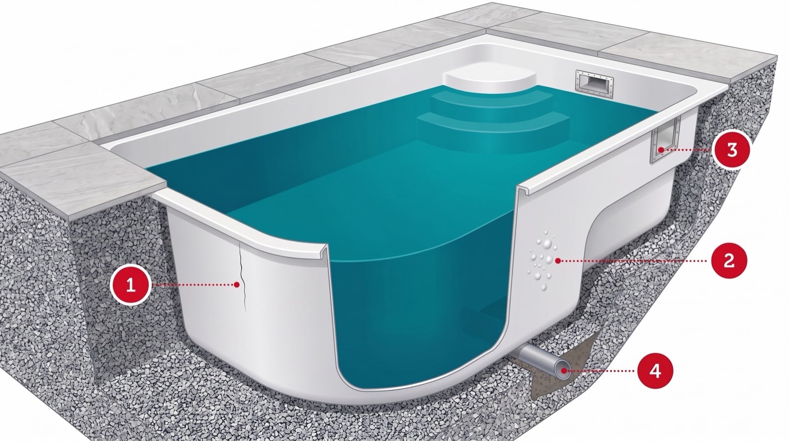 Schéma des 4 zones de fuite d'une piscine coque polyester : fissure du gelcoat, cloques d'osmose, skimmer, canalisation enterrée