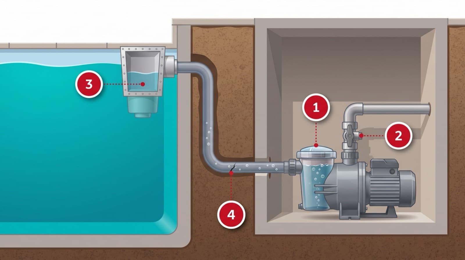 Schéma des points de prise d'air d'une piscine : couvercle de préfiltre, vannes, niveau du skimmer, canalisation d'aspiration fissurée