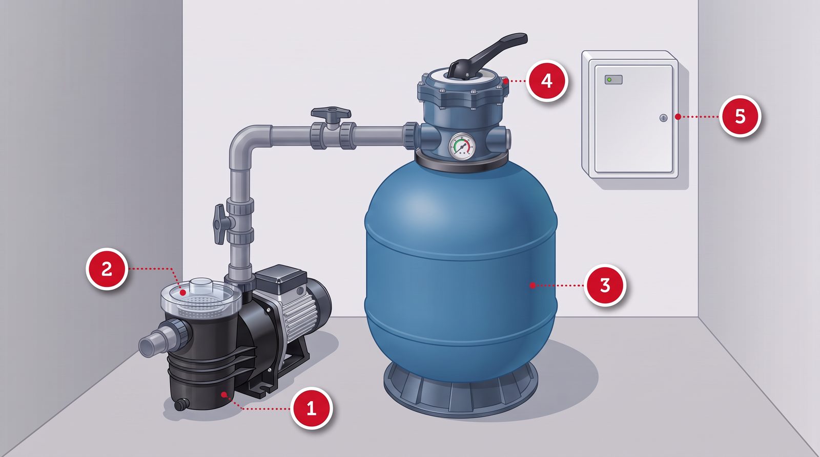 Schéma d'un local technique de piscine : pompe, préfiltre, filtre à sable, vanne multivoies et coffret électrique