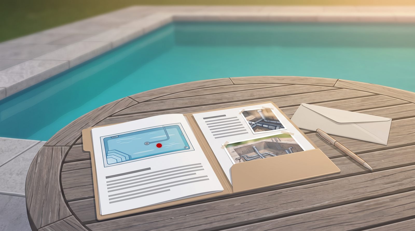 Rapport de détection de fuite de piscine ouvert au bord du bassin, à joindre à la déclaration de sinistre