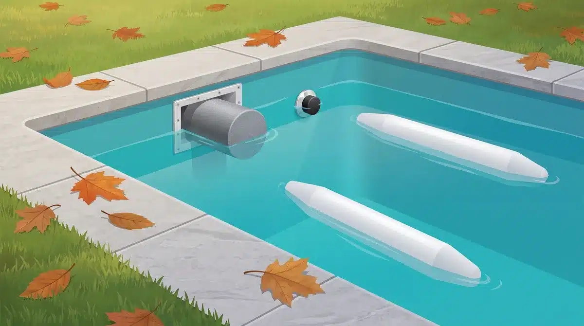 Piscine en hivernage passif : niveau d'eau abaissé, bouchon d'hivernage dans le skimmer, buse bouchée et flotteurs en diagonale