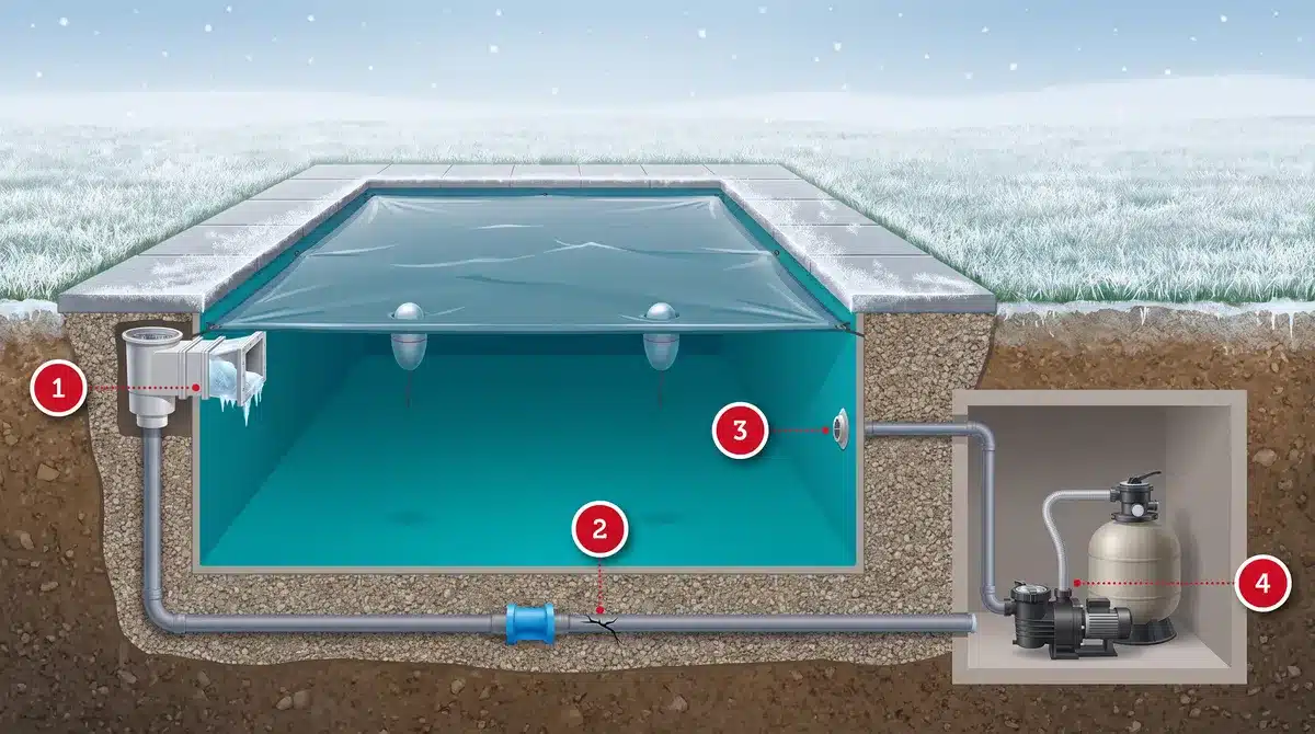 Schéma d'une piscine en hiver : skimmer pris par la glace, canalisation enterrée fissurée au point bas, buse de refoulement et local technique
